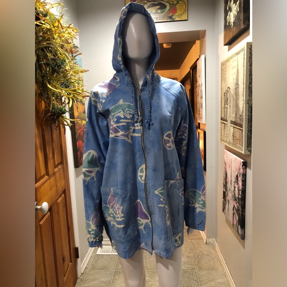 Blue Hooded Jacket with Graphic Print